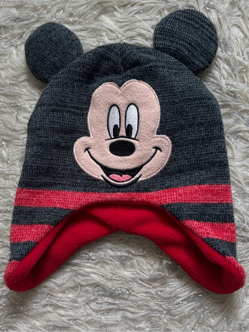 Disney Junior Mickey Mouse Gray and Red Earflaps Knit Unisex Hat 2T 3T 4T